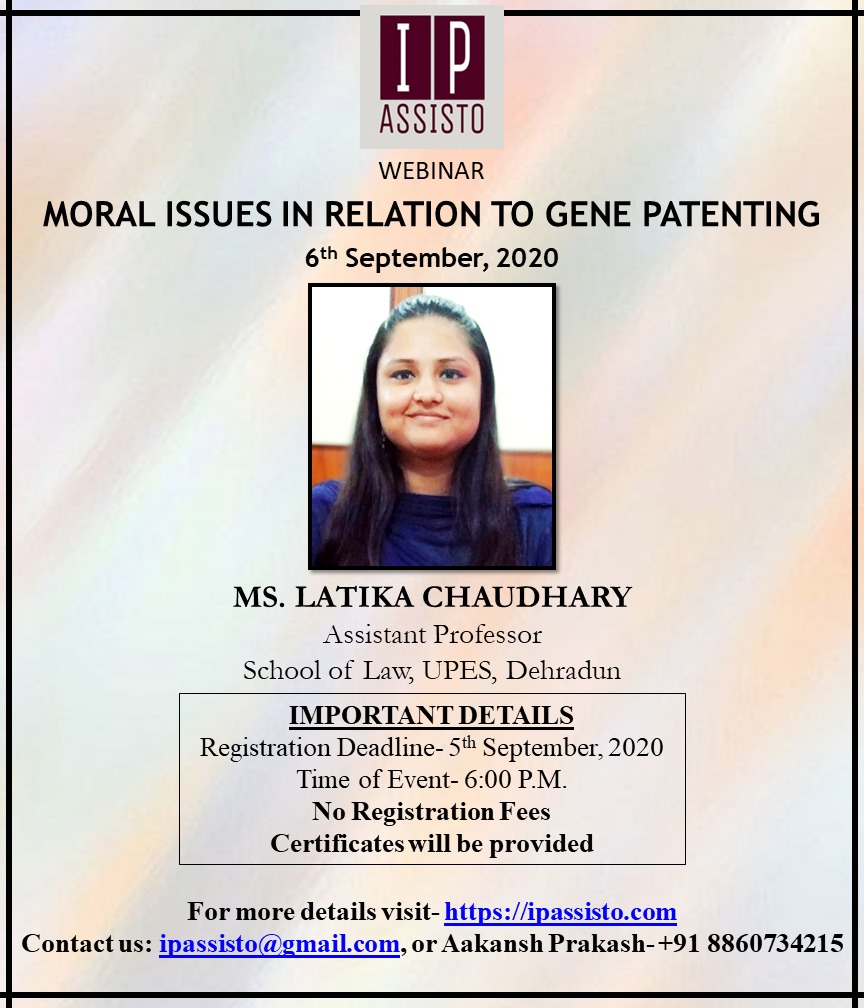 WEBINAR ON MORAL ISSUES IN RELATION TO GENE PATENTING (6th SEPTEMBER 2020)