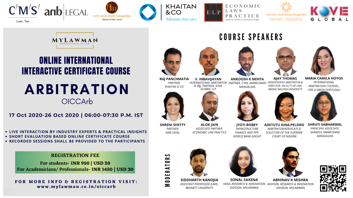 [Online] International Interactive Certificate Course on Arbitration by MyLawman [Register by 16 October 05:00 PM IST]